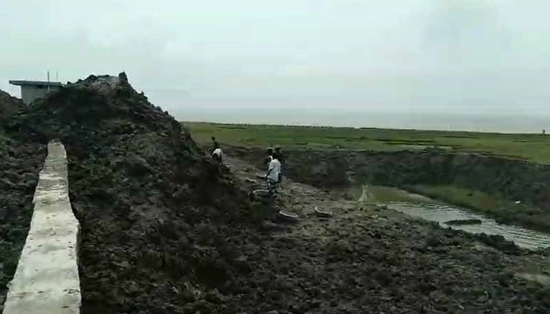 A money bar cuts the soil on the banks of the Meghna river
