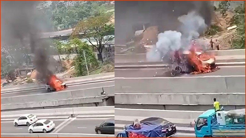 A private car suddenly caught fire on the flyover