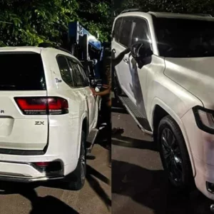 The Land Cruiser lying on the road in Dhanmondi belongs to former Home Minister Asaduzzaman