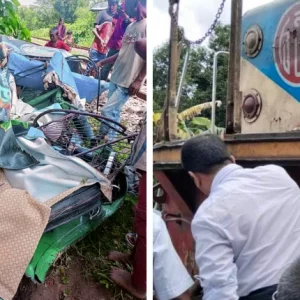 The autorickshaw was overturned by the train in Brahmanbaria