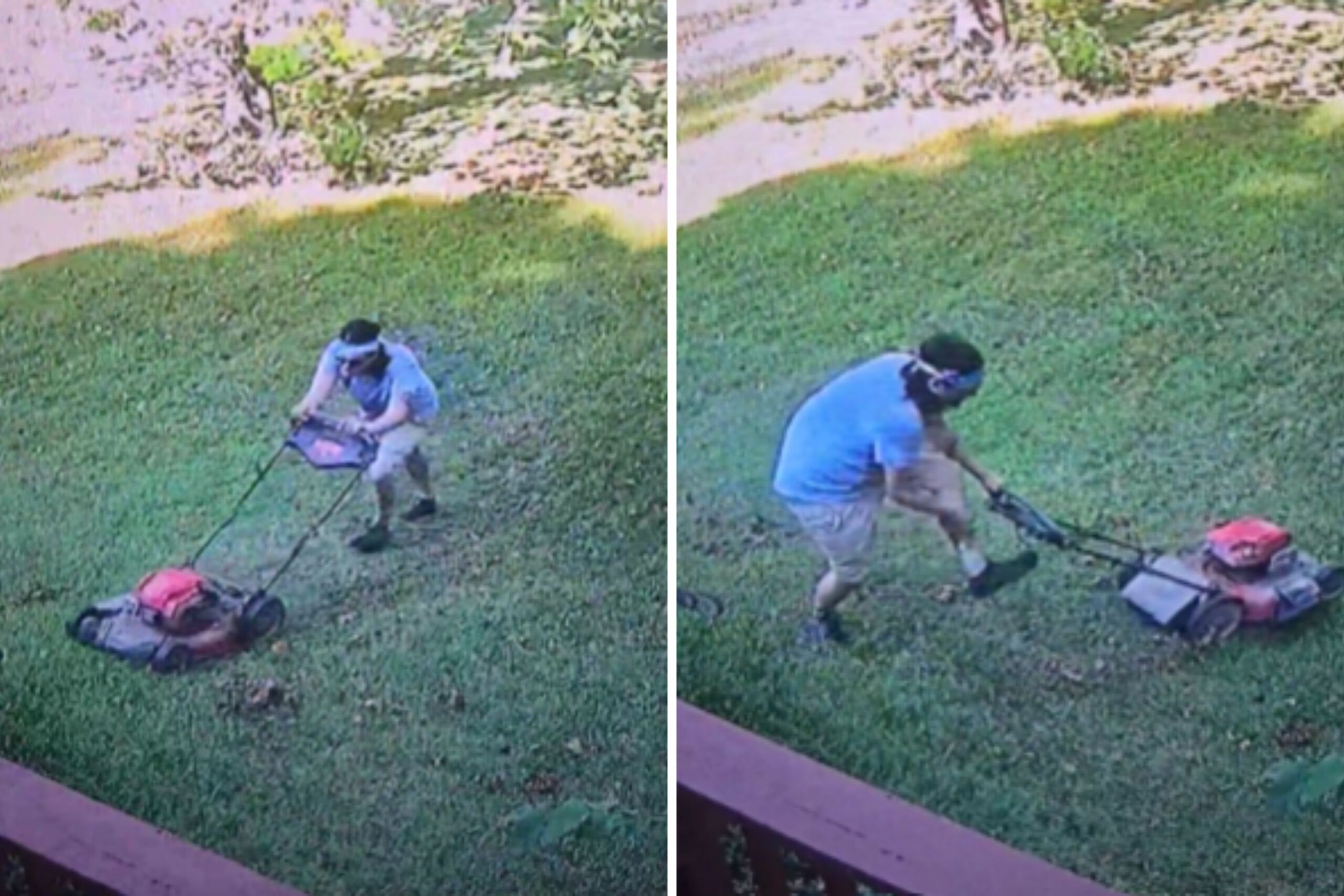 CCTV Captures Aftermath of Man Running Over Hornets’ Nest With Lawn Mower