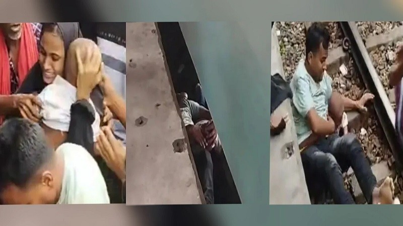 Father saves child from getting chest under moving train